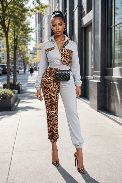 Leopard print splicing color blocking set CM60923