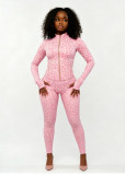 Leopard print long sleeved zipper top tight pants set A1089111872433