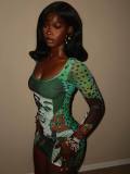 Mesh printed long sleeved hip hugging dress A1058706988534