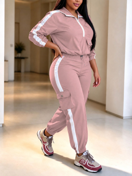 Hooded zipper long sleeved ankle binding workwear pocket pants two-piece set MC009
