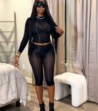 High elasticity bright perspective long sleeved top+mid pants 2-piece set FF1529