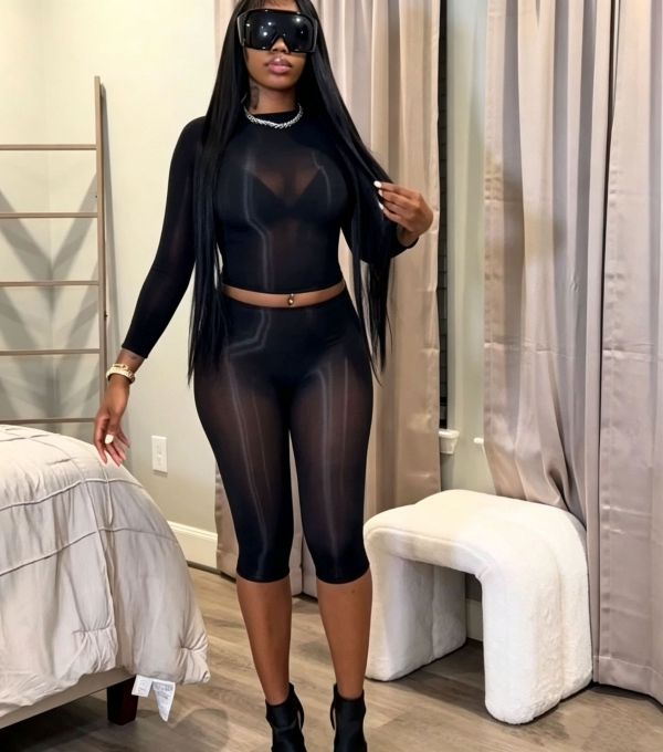 High elasticity bright perspective long sleeved top+mid pants 2-piece set FF1529