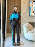 Zipper lapel top patchwork color hoodie+high waisted slightly flared pants two-piece set A1090545829864