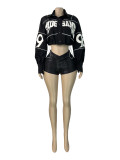 Letter embroidery zipper lapel drawstring exposed navel jacket jacket HR26109