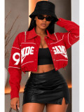 Letter embroidery zipper lapel drawstring exposed navel jacket jacket HR26109
