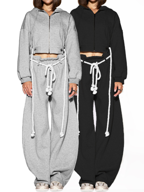 Coarse rope strap hooded top, wide leg pants two-piece set HR25072