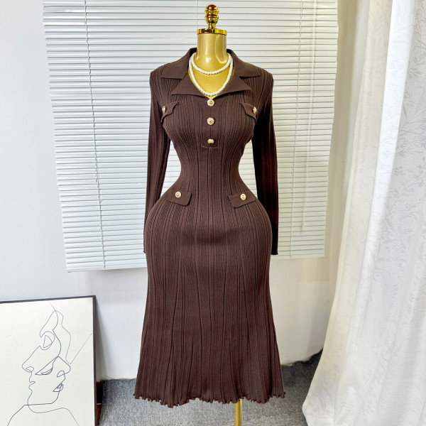 Collar long sleeved metal buckle waist knitted dress A981497376989