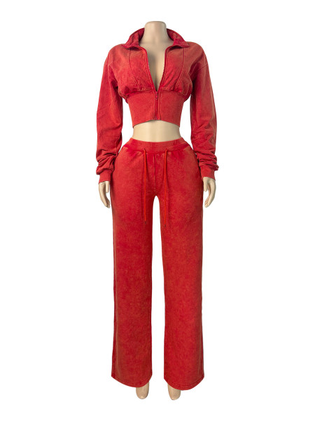Stand up collar zipper cardigan drawstring wide leg pants two-piece set HR26086