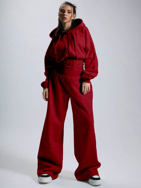Velvet hooded drawstring zipper jumpsuit wide leg sweatpants jumpsuit HR26052