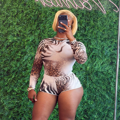 Leopard print mesh long sleeved top and shorts set D26ST300