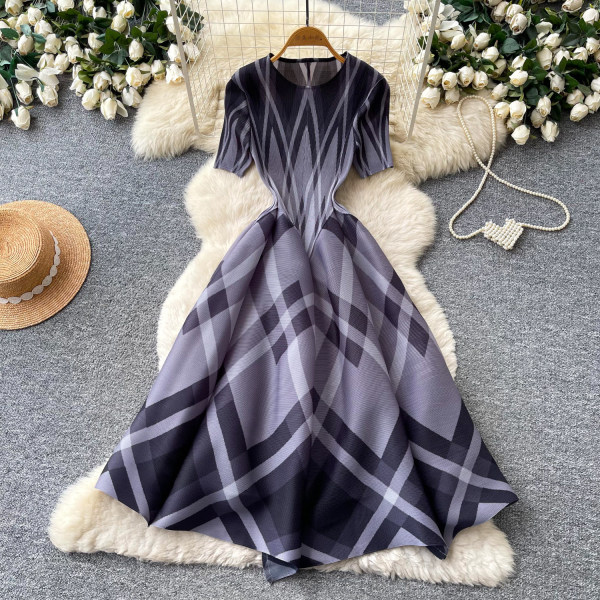 Geometric plaid A-line dress A1066661087014
