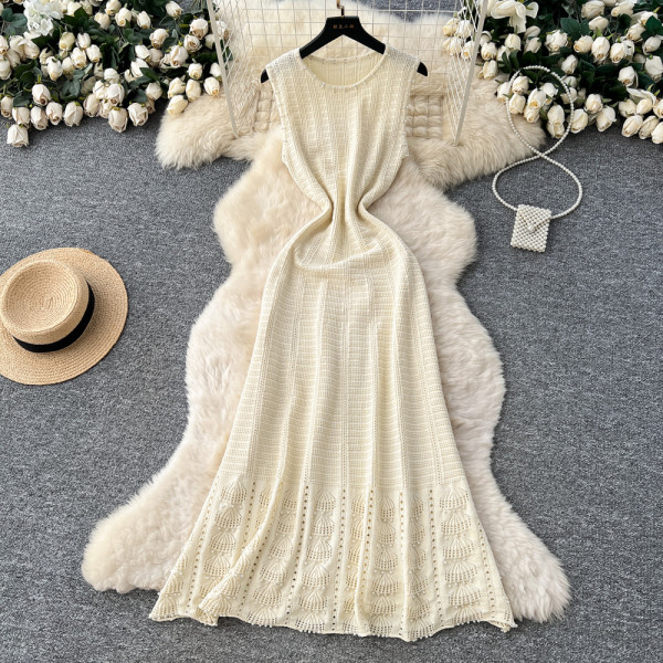 Knitted heavy industry nail bead round neck sleeveless dress A-line skirt A997694897349