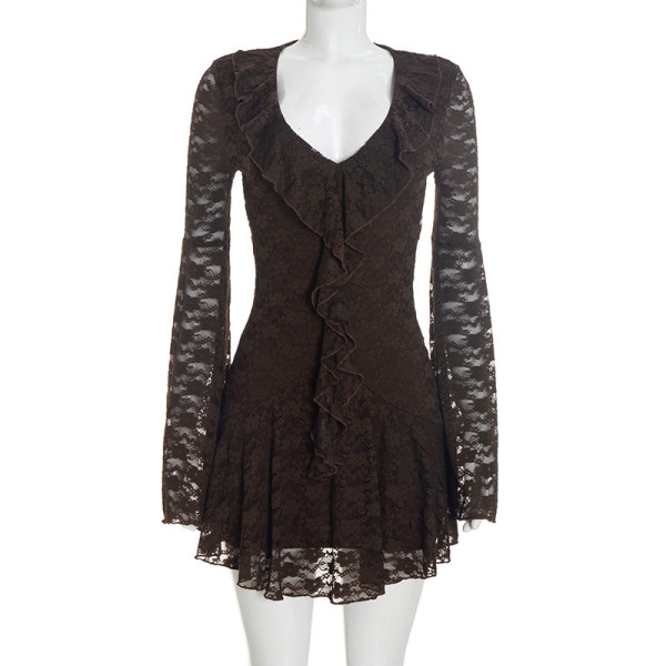 V-neck lace ruffled flared long sleeved dress D26DS266