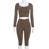Color blocked lace trimmed U-neck long sleeved top with ribbed cropped pants set J26ST341