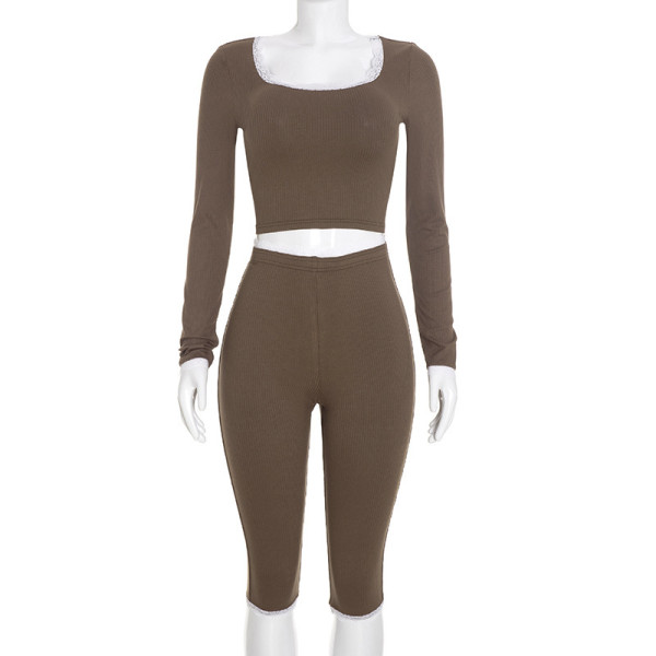 Color blocked lace trimmed U-neck long sleeved top with ribbed cropped pants set J26ST341