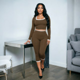 Color blocked lace trimmed U-neck long sleeved top with ribbed cropped pants set J26ST341