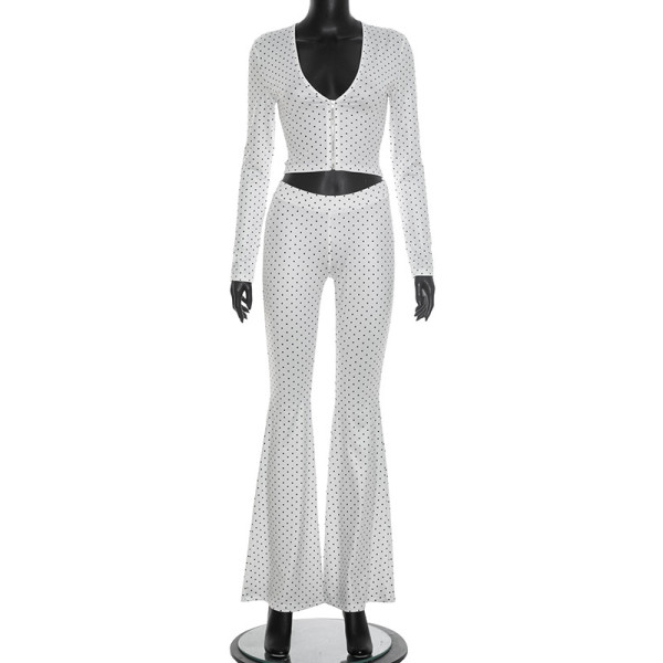 Wave point deep V-zipper long sleeved top with micro flared pants set D26ST228