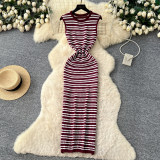 Striped V-neck sleeveless knitted dress A1027317832142