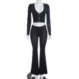 Wave point deep V-zipper long sleeved top with micro flared pants set D26ST228