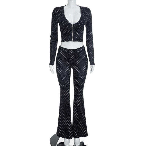 Wave point deep V-zipper long sleeved top with micro flared pants set D26ST228