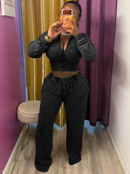 Stand up collar zipper cardigan drawstring wide leg pants two-piece set HR26086