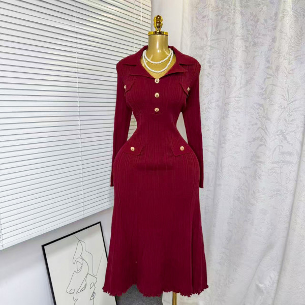 Collar long sleeved metal buckle waist knitted dress A981497376989