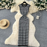 Striped V-neck sleeveless knitted dress A1027317832142