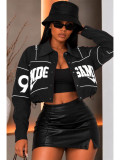 Letter embroidery zipper lapel drawstring exposed navel jacket jacket HR26109