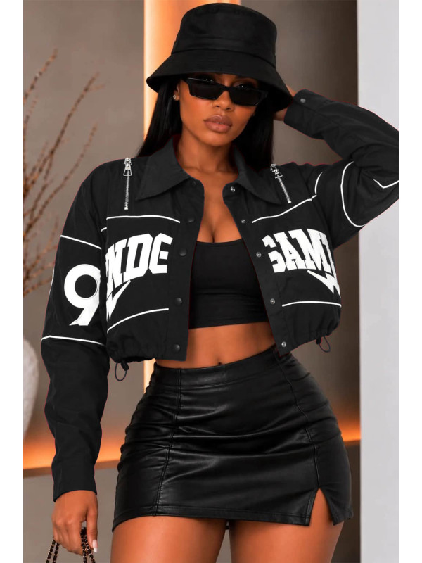 Letter embroidery zipper lapel drawstring exposed navel jacket jacket HR26109