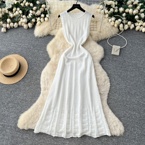 Knitted heavy industry nail bead round neck sleeveless dress A-line skirt A997694897349