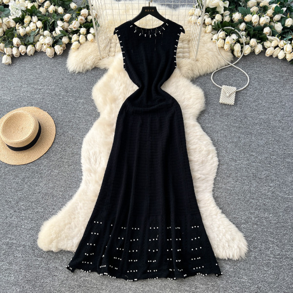 Knitted heavy industry nail bead round neck sleeveless dress A-line skirt A997694897349