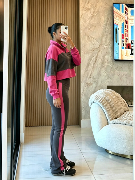 Zipper lapel top patchwork color hoodie+high waisted slightly flared pants two-piece set A1090545829864