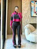 Zipper lapel top patchwork color hoodie+high waisted slightly flared pants two-piece set A1090545829864