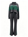 Zipper lapel top patchwork color hoodie+high waisted slightly flared pants two-piece set A1090545829864