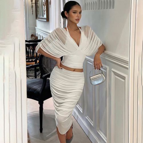 Mesh splicing tie up neck hanging top, hip hugging skirt two-piece set S6822313X