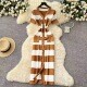 V-neck split hip fringe knit striped dress A1010649207960