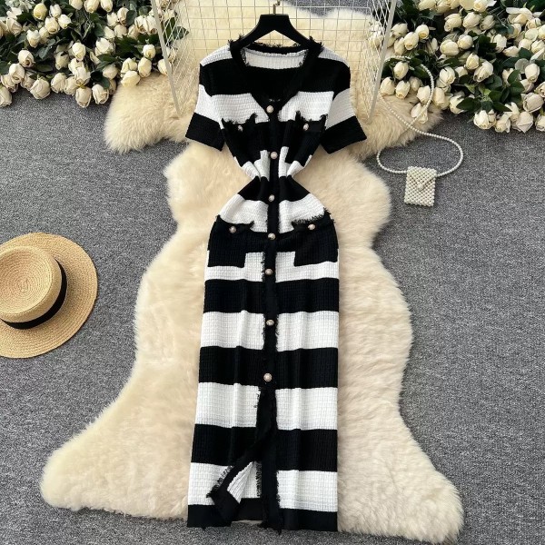 V-neck split hip fringe knit striped dress A1010649207960