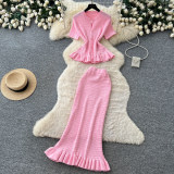 Knitted ruffle edge two-piece set W1056402475362