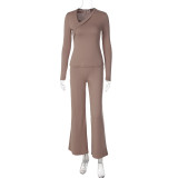 Slanted collar long sleeved T-shirt flared pants two-piece set S6822401X