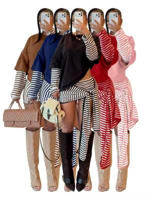 Fake two-piece spliced long sleeved top with stripes, ribbons, straps, shorts, two-piece set HR26053