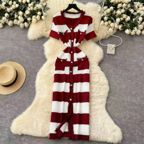 V-neck split hip fringe knit striped dress A1010649207960