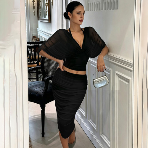 Mesh splicing tie up neck hanging top, hip hugging skirt two-piece set S6822313X