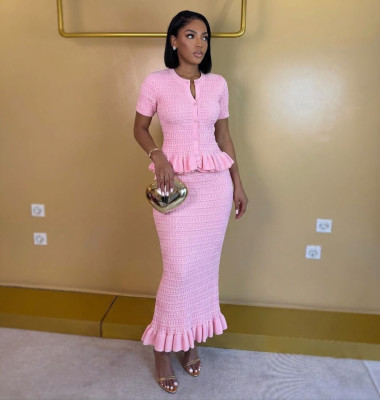 Knitted ruffle edge two-piece set W1056402475362
