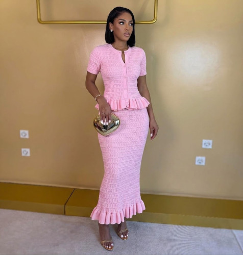 Knitted ruffle edge two-piece set W1056402475362