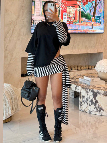 Fake two-piece spliced long sleeved top with stripes, ribbons, straps, shorts, two-piece set HR26053