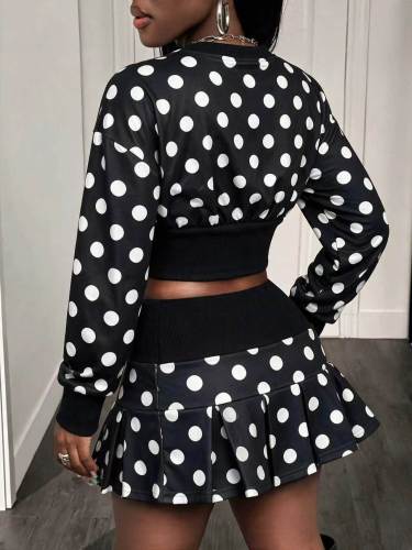 Wave point waist cinching pleated skirt set FC1616