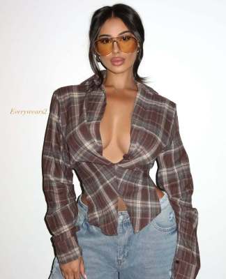 Checkered waist button up long sleeved shirt jacket A1001322491758-1
