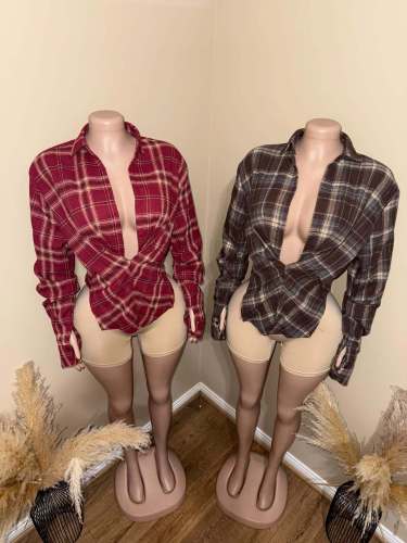 Checkered waist button up long sleeved shirt jacket A1001322491758-1