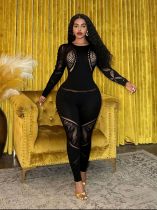 Hollow out rhinestone long sleeved jumpsuit A1063583472977
