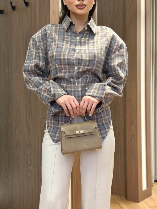 Checkered waist button up long sleeved shirt jacket A1001322491758-2
